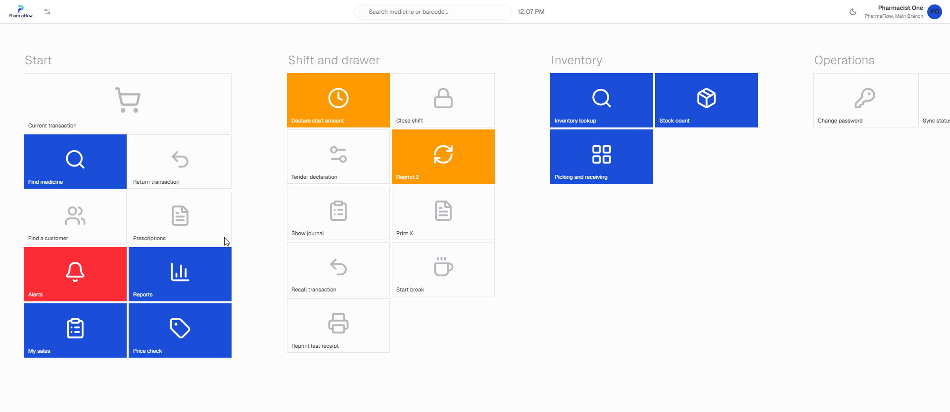PharmaFlow sales screen showing today's sales and stock